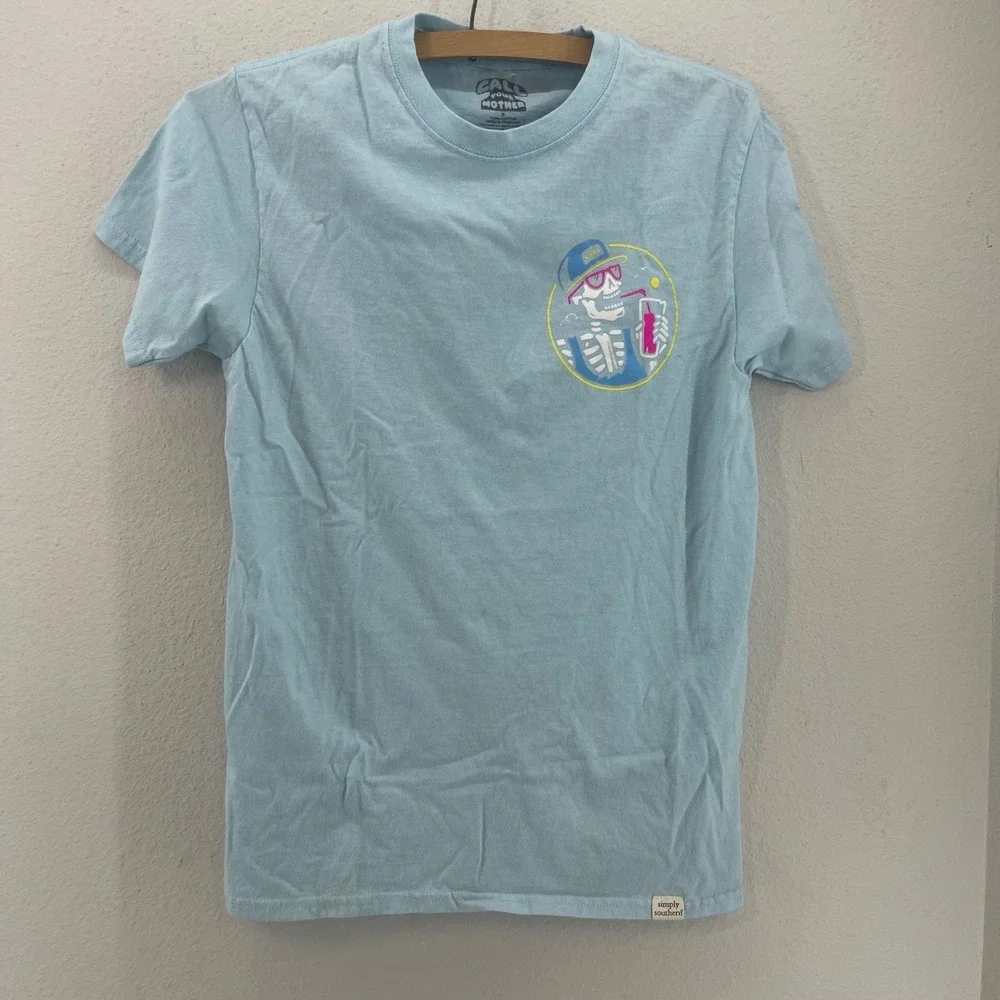 Call Your Mother Skeleton Drink Graphic T Shirt Light Blue Short Sleeve Cotton S